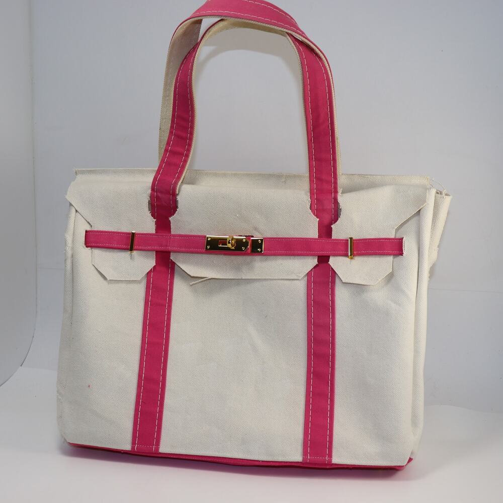 Handmade Upcycled‎ Canvas Boatkin Tote Pink Trim